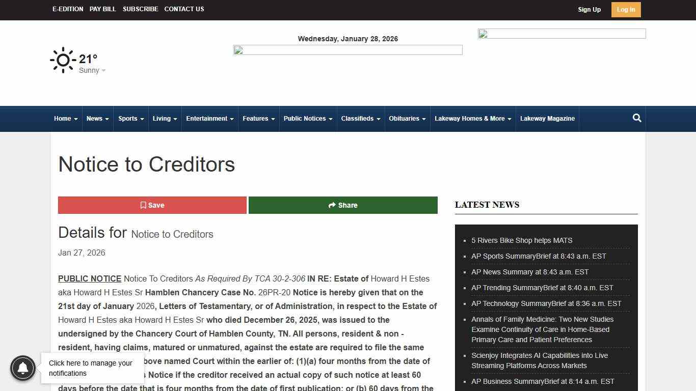 Notice to Creditors Public Notices citizentribune.com